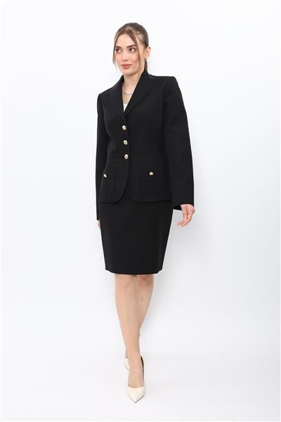 Şal Yaka Torba Cepli Ceket & Yırtmaçlı Düz Dar Etek-Siyah