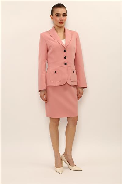Şal Yaka Torba Cepli Ceket & Yırtmaçlı Düz Dar Etek-Pudra