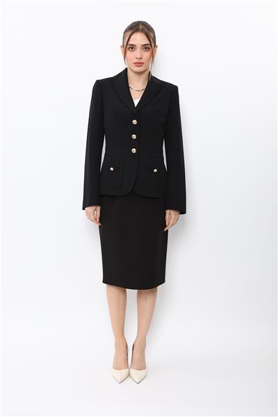 Şal Yaka Torba Cepli Spor Ceket & Kısa Kalem Etek Kadın Takım Elbise-Siyah