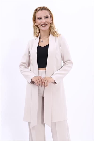 Şal Yaka Uzun Ceket-Bej