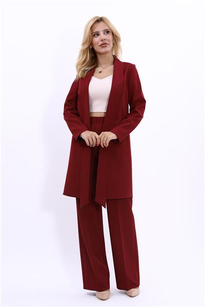 Şal Yaka Uzun Ceket & Bol Paça Pantolon-Bordo