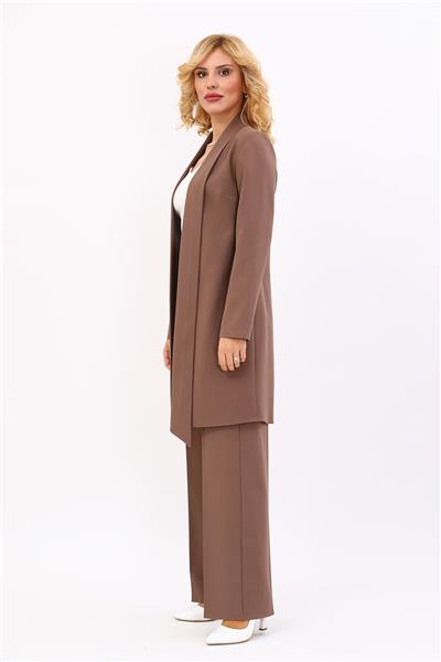 Şal Yaka Uzun Ceket & Bol Paça Pantolon-Kahve