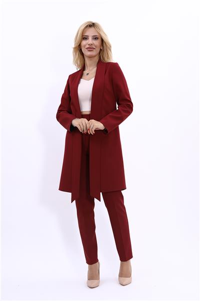 Şal Yaka Uzun Ceket & Dar Paça Pantolon-Bordo