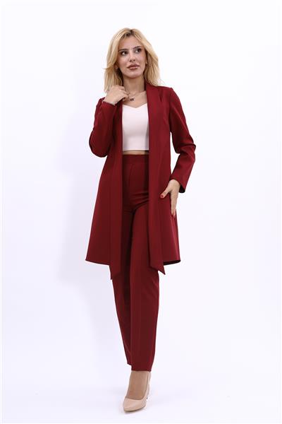 Şal Yaka Uzun Ceket & Dar Paça Pantolon-Bordo
