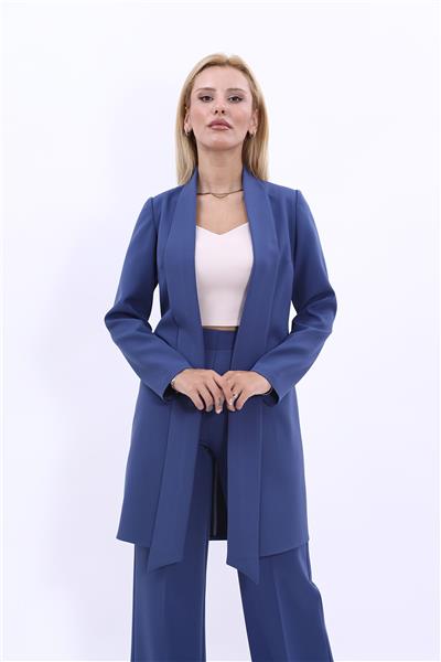 Şal Yaka Uzun Ceket-İndigo