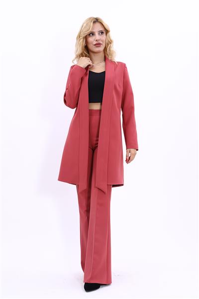 Şal Yaka Uzun Ceket & İspanyol Paça Pantolon-Kiremit