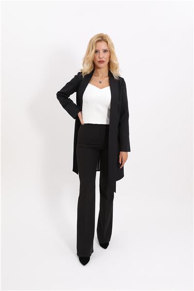 Şal Yaka Uzun Ceket & İspanyol Paça Pantolon-Siyah