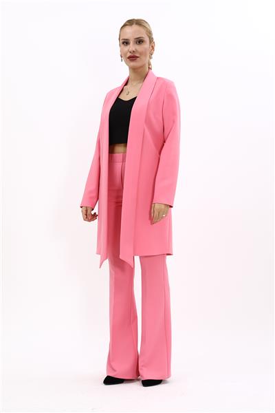 Şal Yaka Uzun Ceket & İspanyol Paça Pantolon-Pembe