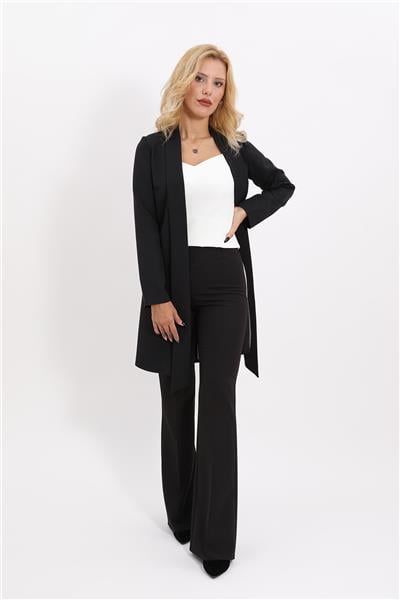 Şal Yaka Uzun Ceket & İspanyol Paça Pantolon-Siyah