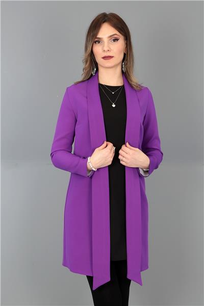 Şal Yaka Uzun Ceket-Mor