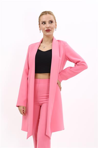 Şal Yaka Uzun Ceket-Pembe