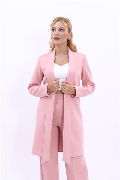 Şal Yaka Uzun Ceket-Pudra