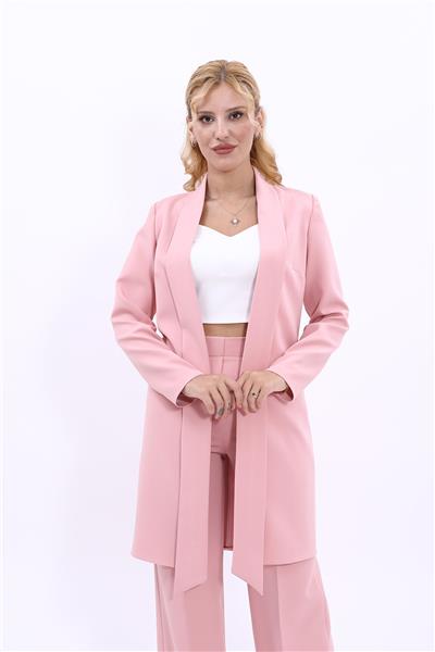 Şal Yaka Uzun Ceket-Pudra