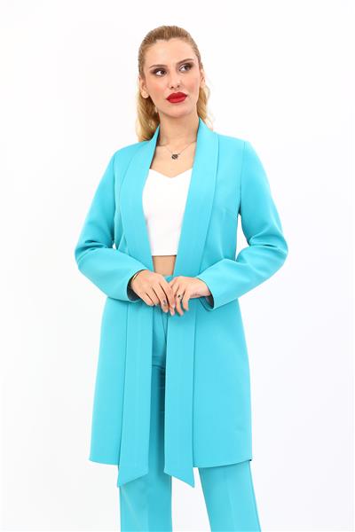 Şal Yaka Uzun Ceket-Turkuaz