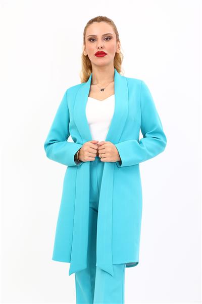 Şal Yaka Uzun Ceket-Turkuaz