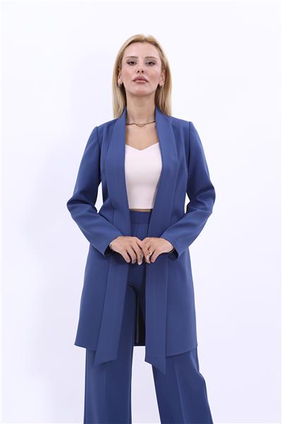 Şal Yaka Uzun Tesettür Kadın Ceket-İndigo