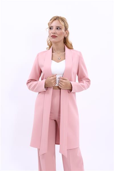 Şal Yaka Uzun Tesettür Kadın Ceket-Pudra
