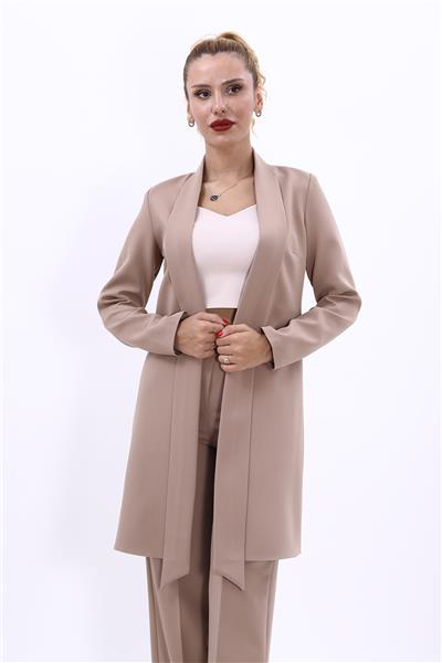 Şal Yaka Uzun Tesettür Kadın Ceket-Taş