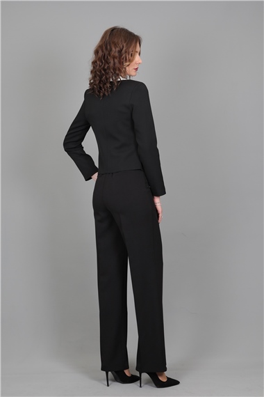 Şeritli Mini Ceket & Bol Paça Pantolon Takım-Siyah