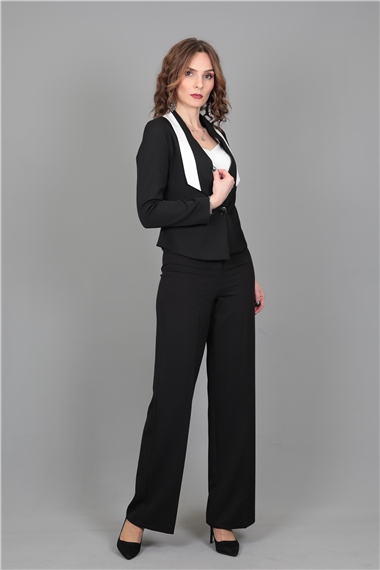 Şeritli Mini Ceket & Bol Paça Pantolon Takım-Siyah