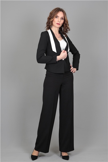 Şeritli Mini Ceket & Bol Paça Pantolon Takım-Siyah