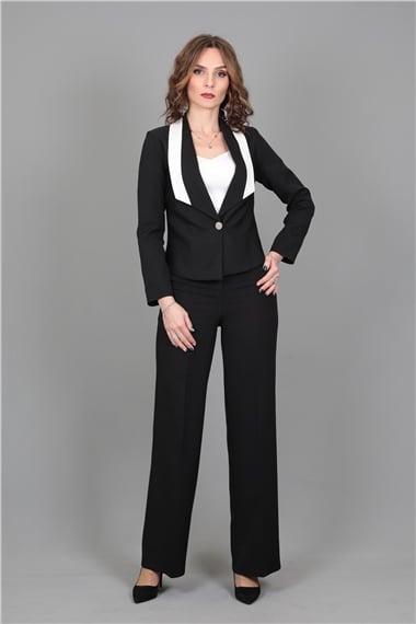 Şeritli Mini Ceket & Bol Paça Pantolon Takım-Siyah