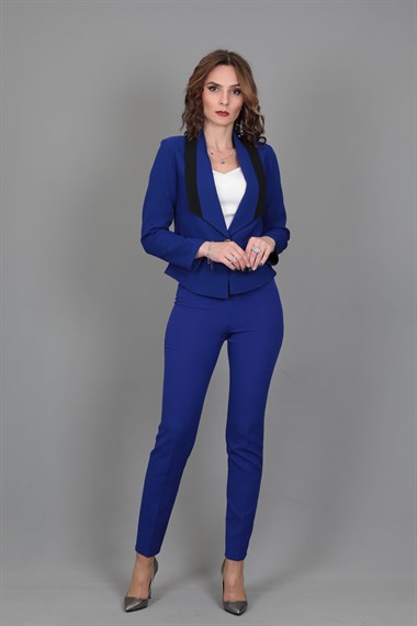 Şeritli Mini Ceket & Boru Paça Pantolon Takım-Saks