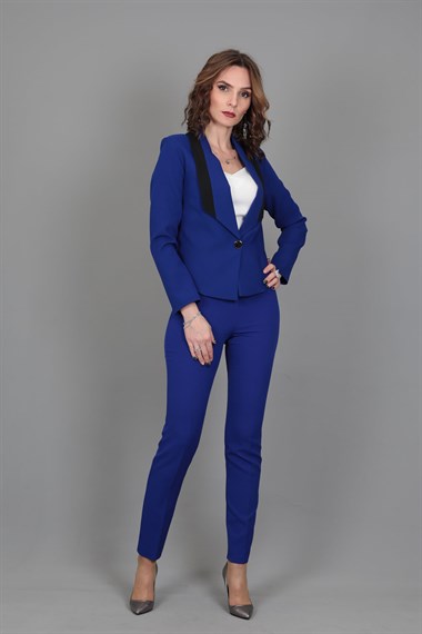 Şeritli Mini Ceket & Boru Paça Pantolon Takım-Saks