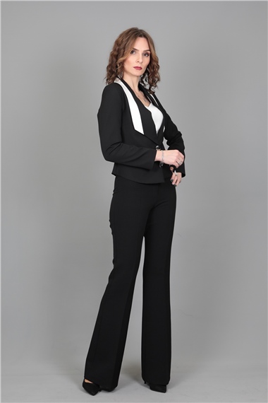Şeritli Mini Ceket & İspanyol  Paça Pantolon Takım-Siyah