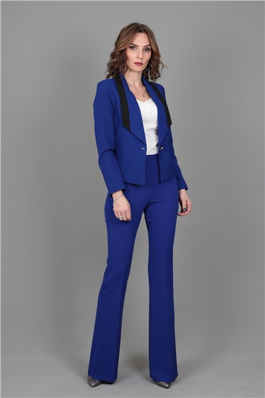 Şeritli Mini Ceket & İspanyol  Paça Pantolon Takım-Saks