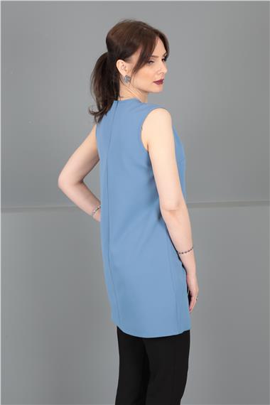 Sıfır Yaka Kolsuz Bluz-Deniz