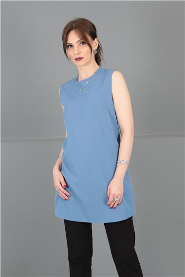 Sıfır Yaka Kolsuz Bluz-Deniz