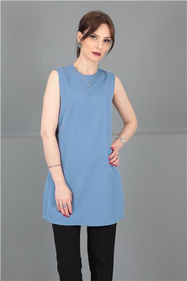 Sıfır Yaka Kolsuz Bluz-Deniz