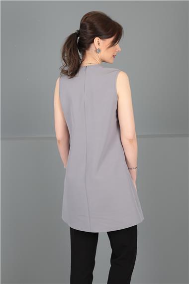 Sıfır Yaka Kolsuz Bluz-Antrasit