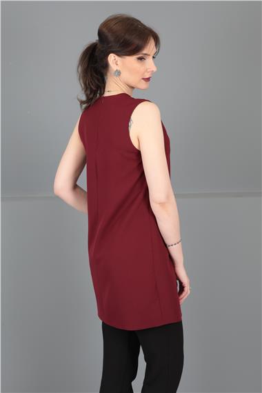 Sıfır Yaka Kolsuz Bluz- Bordo