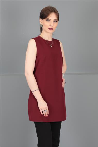 Sıfır Yaka Kolsuz Bluz- Bordo