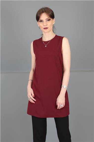 Sıfır Yaka Kolsuz Bluz- Bordo