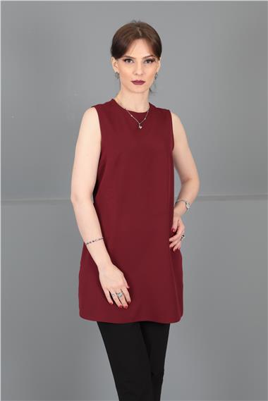 Sıfır Yaka Kolsuz Bluz- Bordo