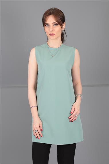 Sıfır Yaka Kolsuz Bluz-Çağla