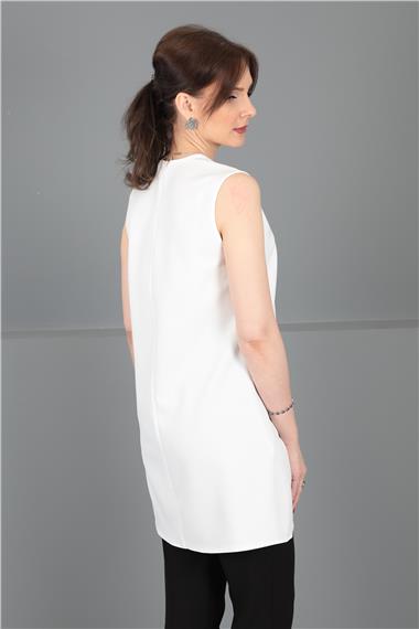 Sıfır Yaka Kolsuz Bluz- Beyaz