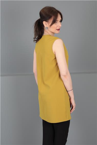 Sıfır Yaka Kolsuz Bluz-Fıstık