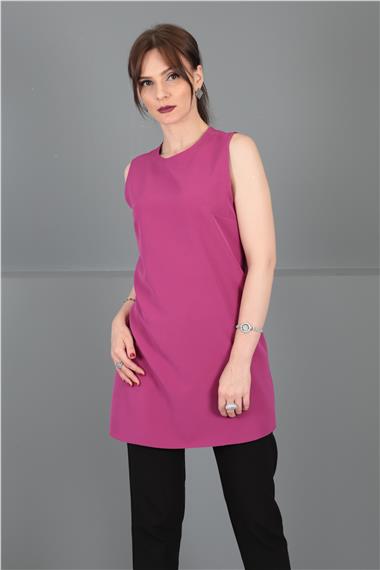 Sıfır Yaka Kolsuz Bluz-Fuşya