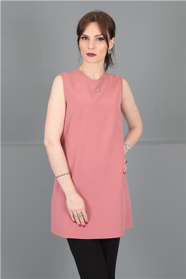 Sıfır Yaka Kolsuz Bluz- Gül Kurusu