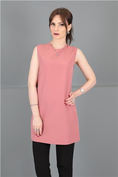 Sıfır Yaka Kolsuz Bluz- Gül Kurusu