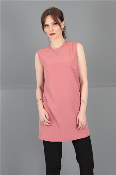 Sıfır Yaka Kolsuz Bluz- Gül Kurusu