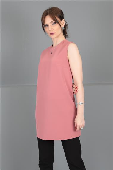 Sıfır Yaka Kolsuz Bluz- Gül Kurusu