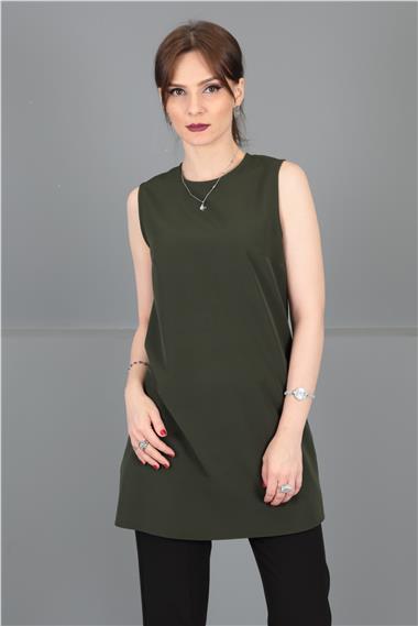 Sıfır Yaka Kolsuz Bluz- Haki