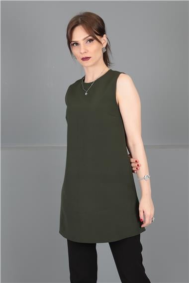 Sıfır Yaka Kolsuz Bluz- Haki