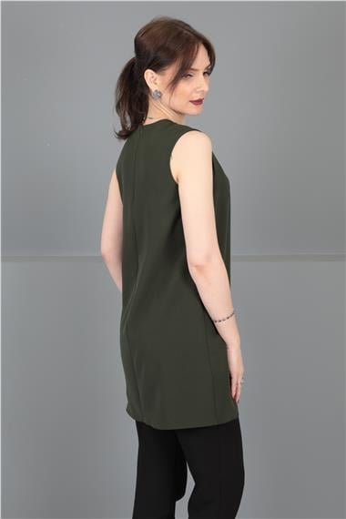 Sıfır Yaka Kolsuz Bluz- Haki