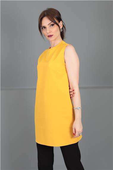 Sıfır Yaka Kolsuz Bluz-Hardal